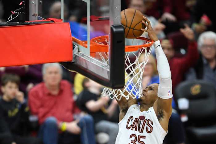 Feb 22, 2024; Cleveland, Ohio, USA; Cleveland Cavaliers forward Isaac Okoro (35) dunks in the fourth quarter against the Orlando Magic at Rocket Mortgage FieldHouse.